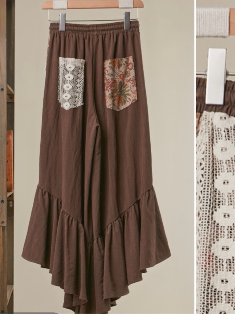 Mello Brown Floral Patchwork pants with Crochet Trim - Picture 3 of 3